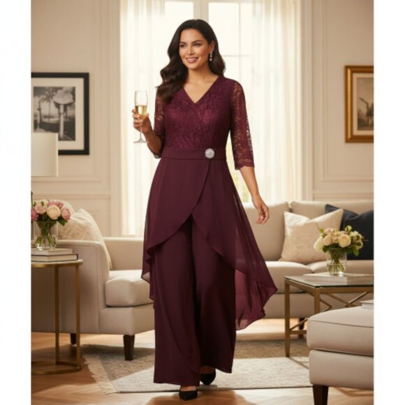 Maroon Lace & Chiffon 2-Piece Set – Size 22 – Zip Closure – New Without Tag - Picture 1 of 2